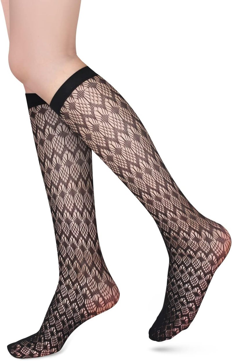 Benefeet Sox Womens Fishnet Knee High Socks White Black Lace Mesh Sexy Stockings Hollow Out Sheer Tube Calf Sock - Image 1